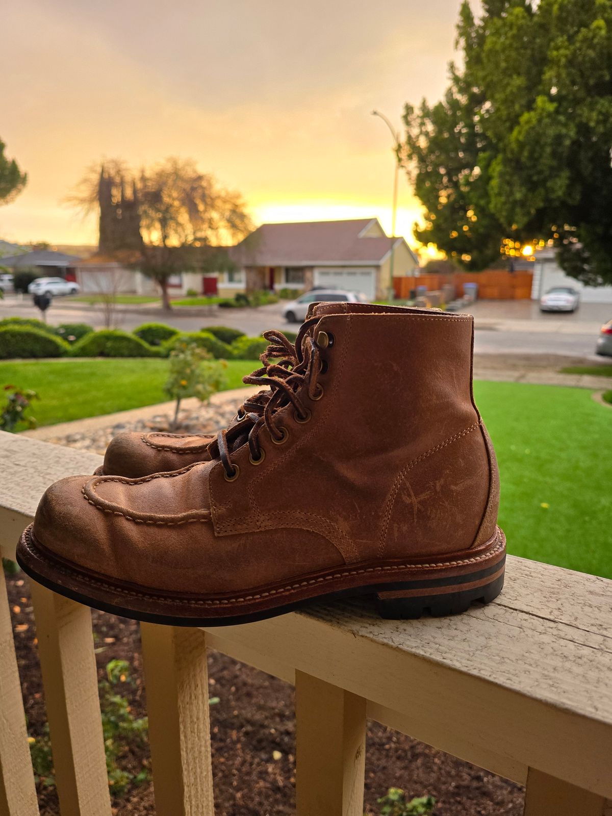Photo by ttruong3 on February 6, 2024 of the Grant Stone Brass Boot in C.F. Stead Natural Waxy Commander Suede.