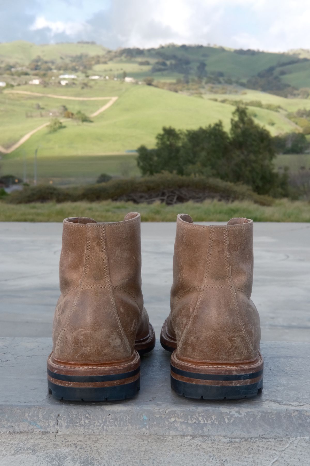 Photo by ttruong3 on April 6, 2024 of the Grant Stone Brass Boot in C.F. Stead Natural Waxy Commander Suede.