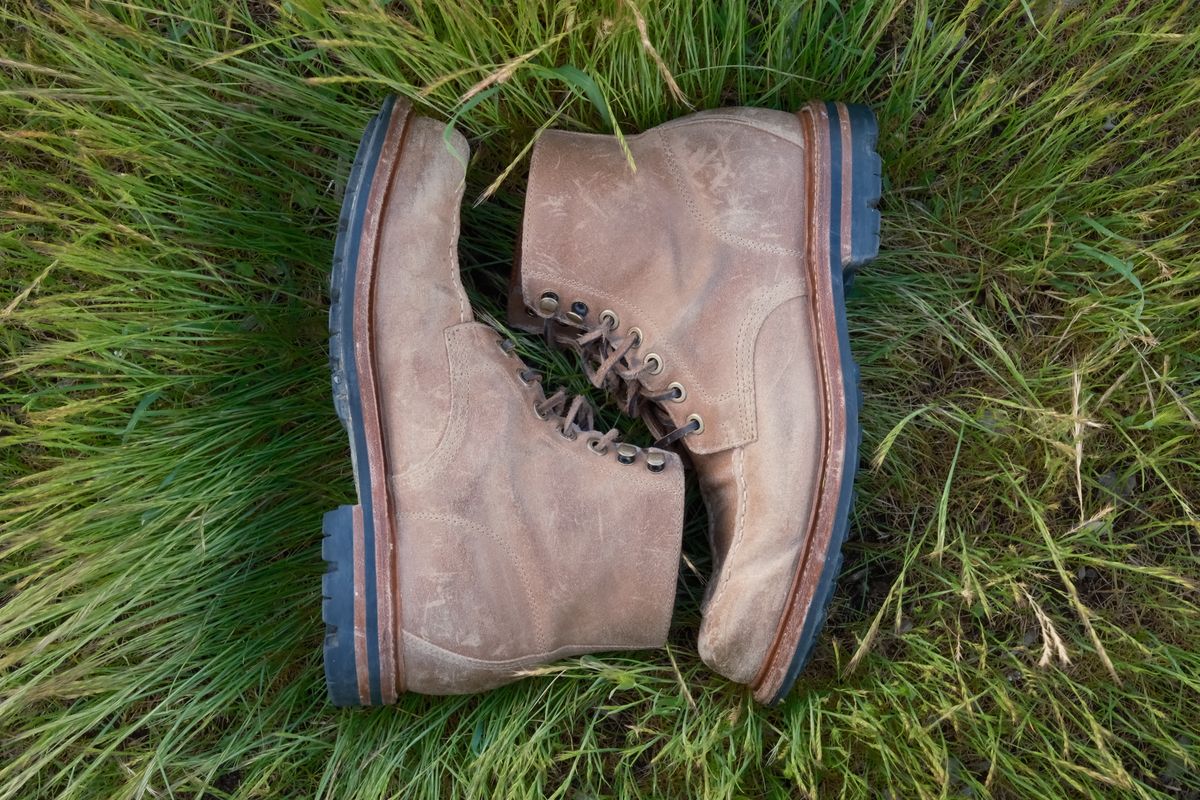 Photo by ttruong3 on April 6, 2024 of the Grant Stone Brass Boot in C.F. Stead Natural Waxy Commander Suede.