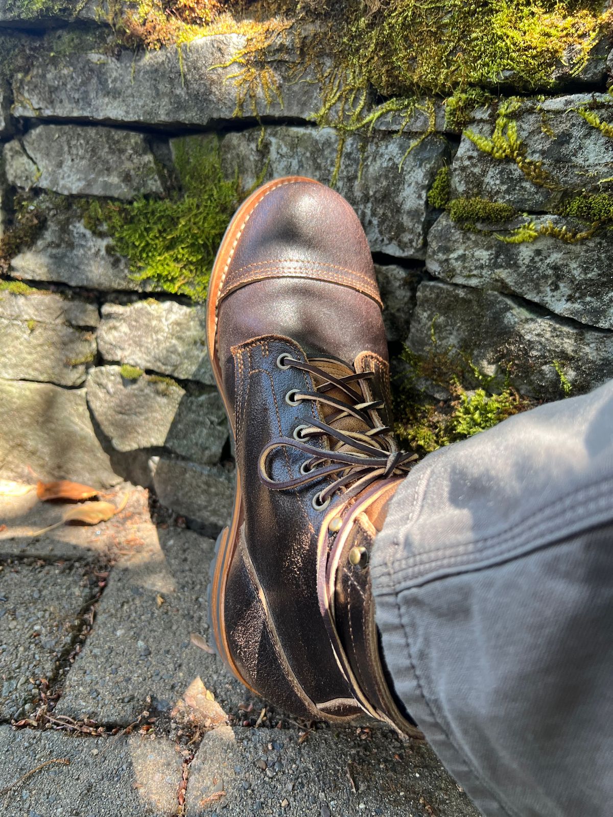 Photo by bloomzen on May 26, 2024 of the Truman Cap Toe Boot in Horween Java Waxed Flesh.