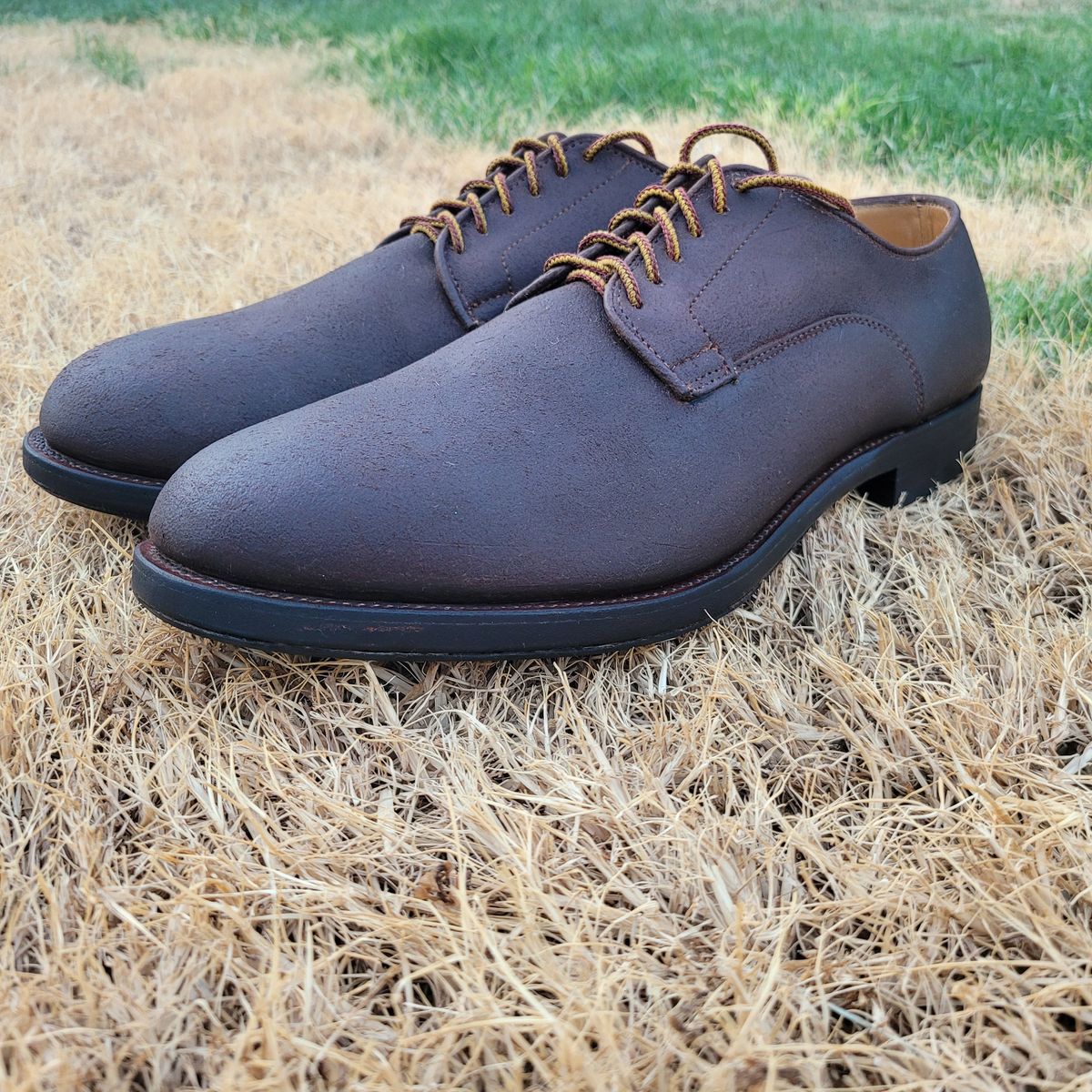 Photo by Das_Bones on July 9, 2024 of the Viberg Derby Shoe in C.F. Stead Angora Kudu Roughout.