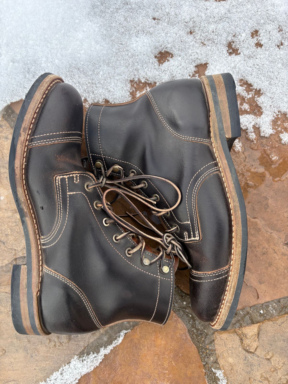 Photo by chosenone23 on December 4, 2025 of the Truman Cap Toe Boot in Horween Java Waxed Flesh.