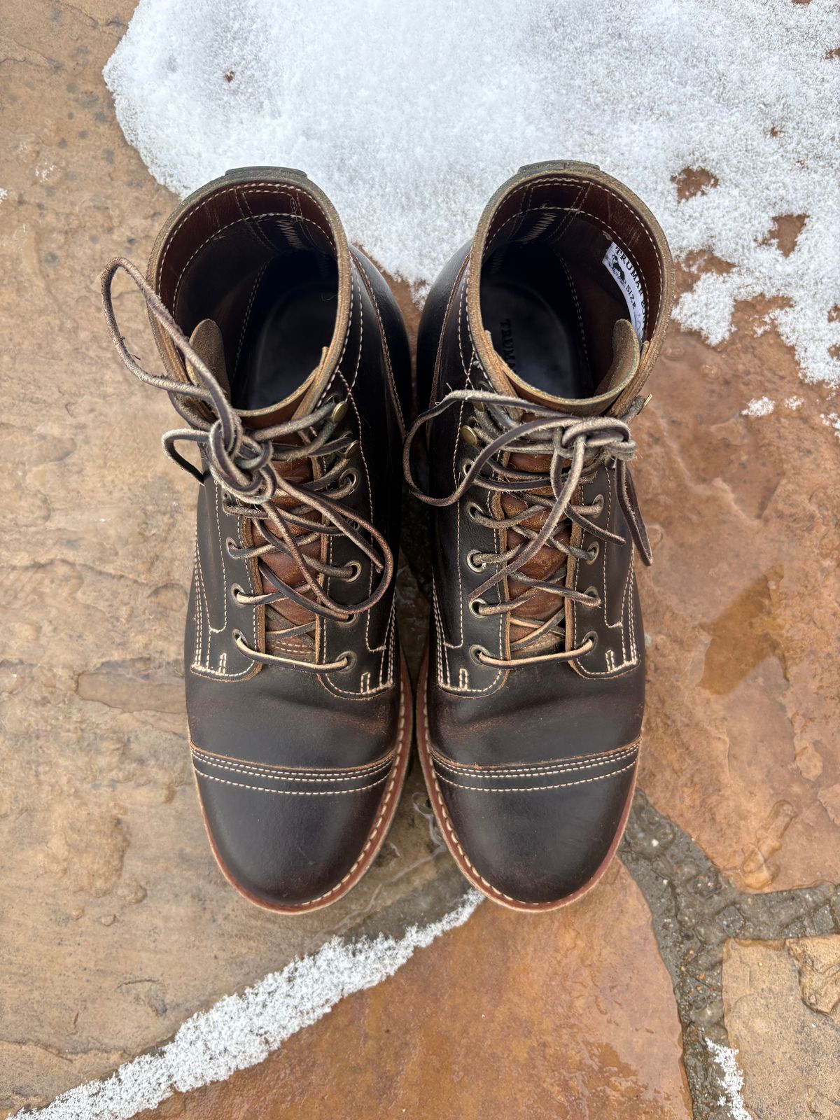 Photo by chosenone23 on December 4, 2025 of the Truman Cap Toe Boot in Horween Java Waxed Flesh.