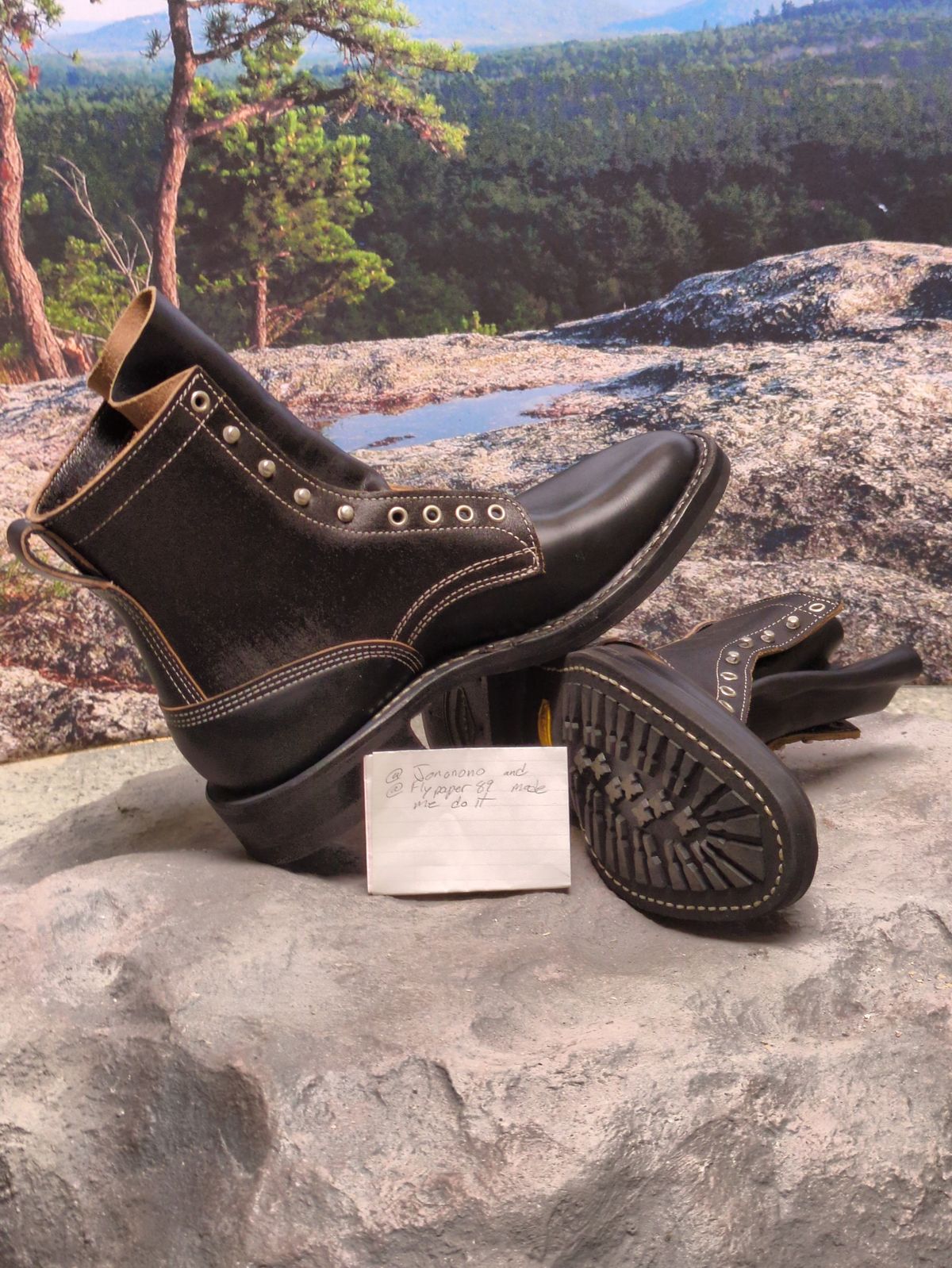 Photo by Monkley on October 13, 2024 of the White's 375 in Horween Black Chromexcel Horsehide & Horween Black Waxed Flesh.