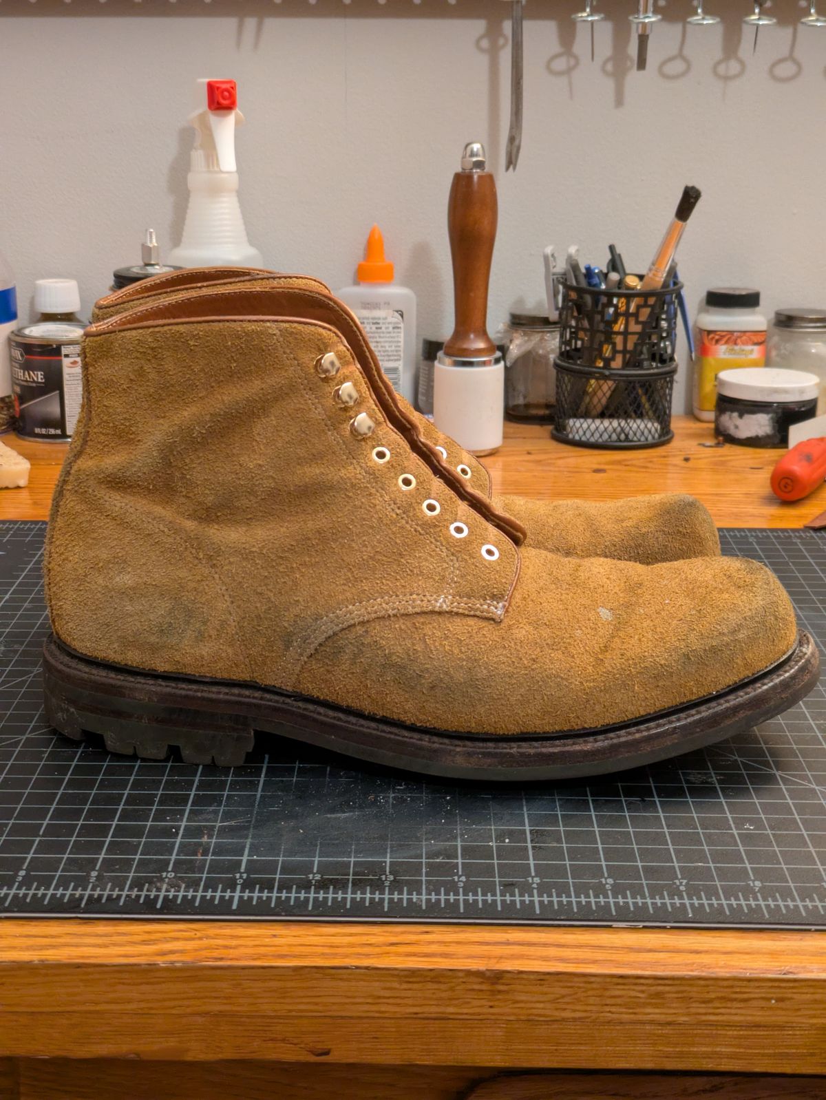 Photo by Monkley on January 6, 2026 of the Grant Stone Baroda Boot in C.F. Stead Snuff Desert Oasis Suede.