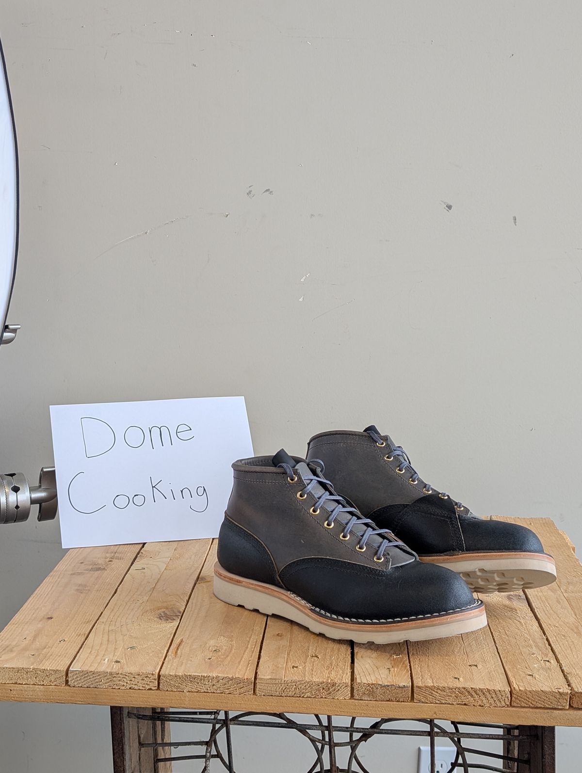 Photo by stoicsasquatch on November 5, 2025 of the Nicks x Stitchdown Prototype in Horween cypress light Gray & Horween Pacific Waxed Flesh.