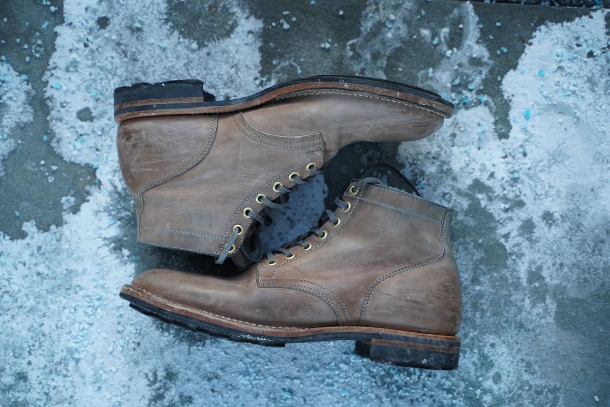 Photo by horweendreams on February 5, 2022 of the Viberg Service Boot in Maryam Light Grey Horsebutt.