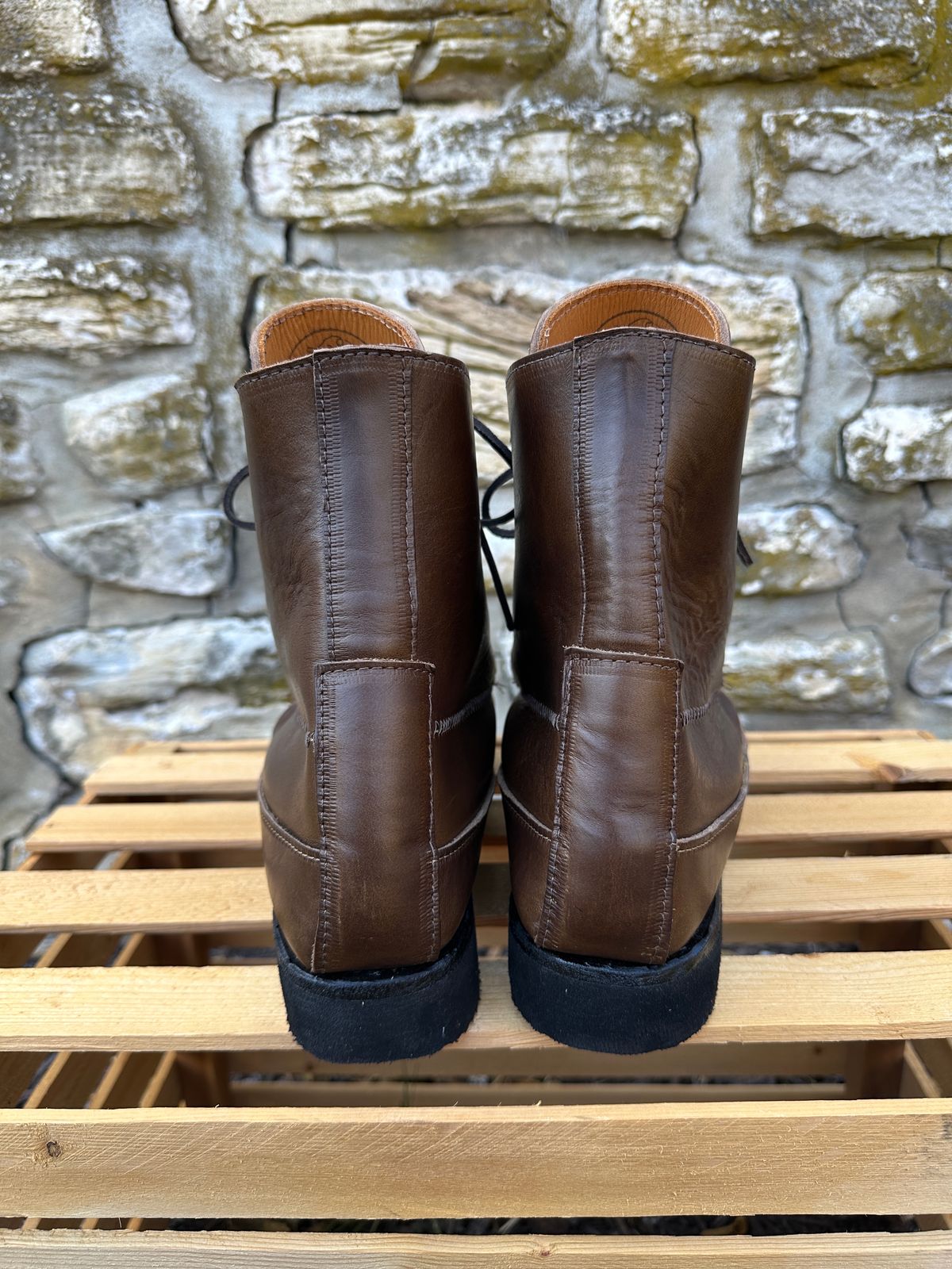 Photo by fcmocs on October 3, 2023 of the Fish Creek Moccasin Hardsole Boot in Horween Olive Chromexcel.