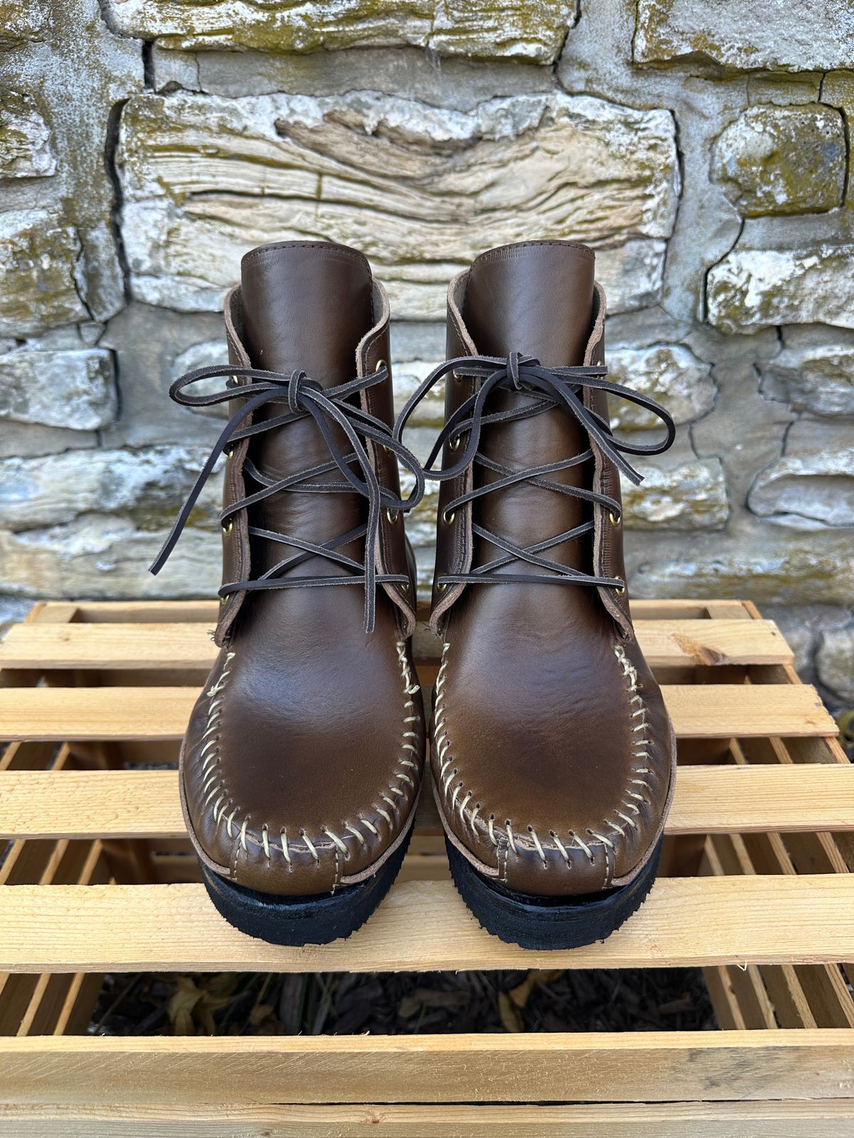 Photo by fcmocs on October 3, 2023 of the Fish Creek Moccasin Hardsole Boot in Horween Olive Chromexcel.