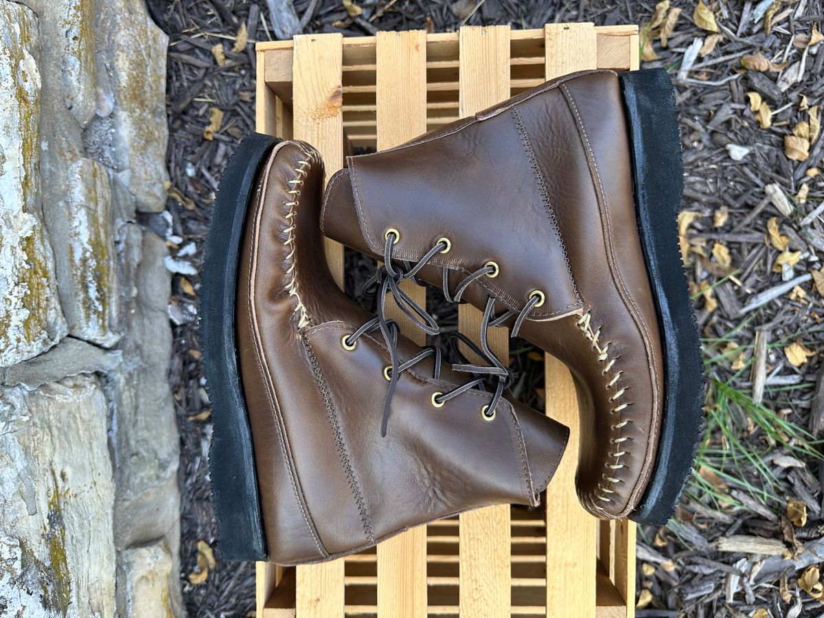 Photo by fcmocs on October 3, 2023 of the Fish Creek Moccasin Hardsole Boot in Horween Olive Chromexcel.