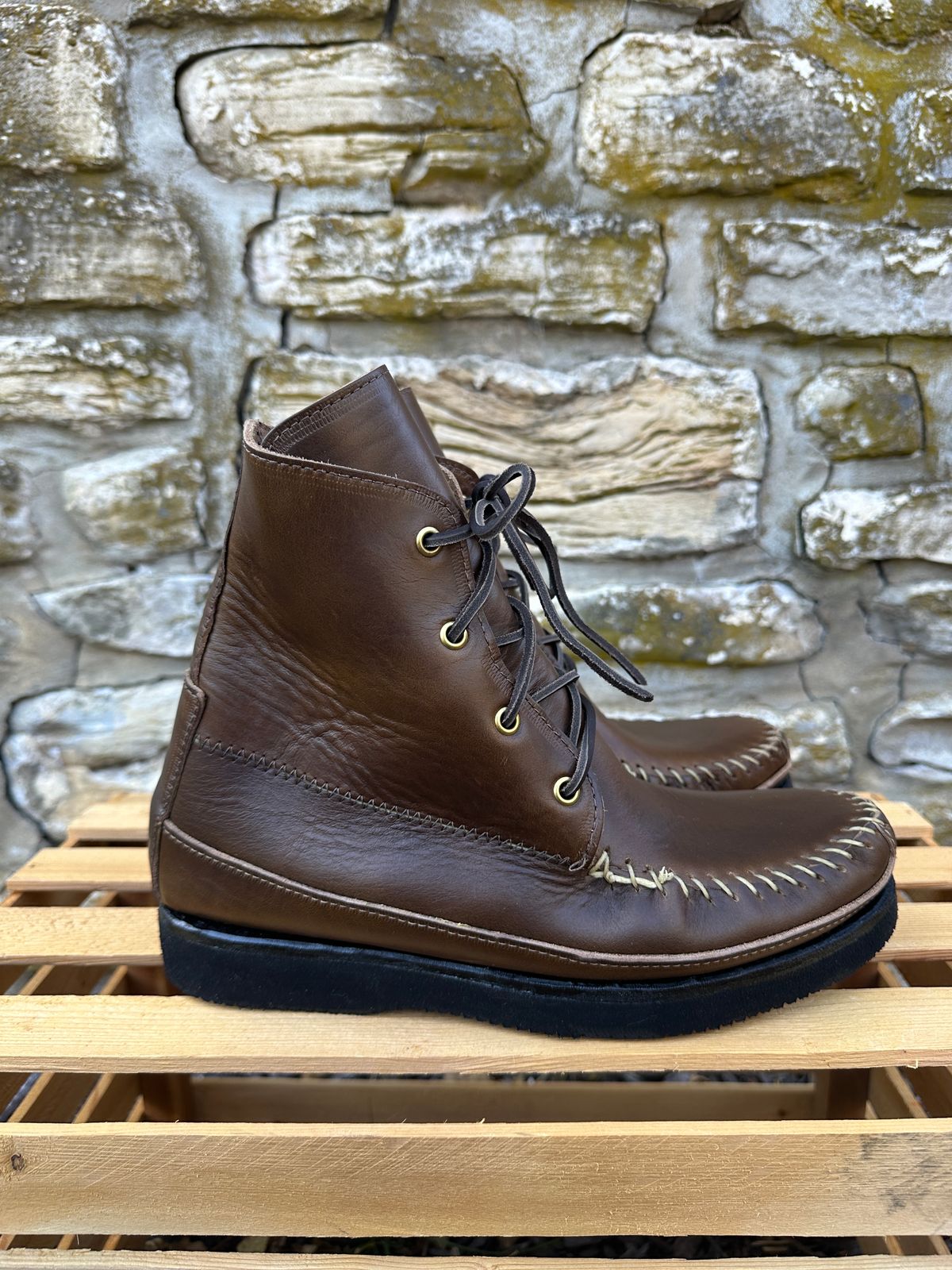 Photo by fcmocs on October 3, 2023 of the Fish Creek Moccasin Hardsole Boot in Horween Olive Chromexcel.