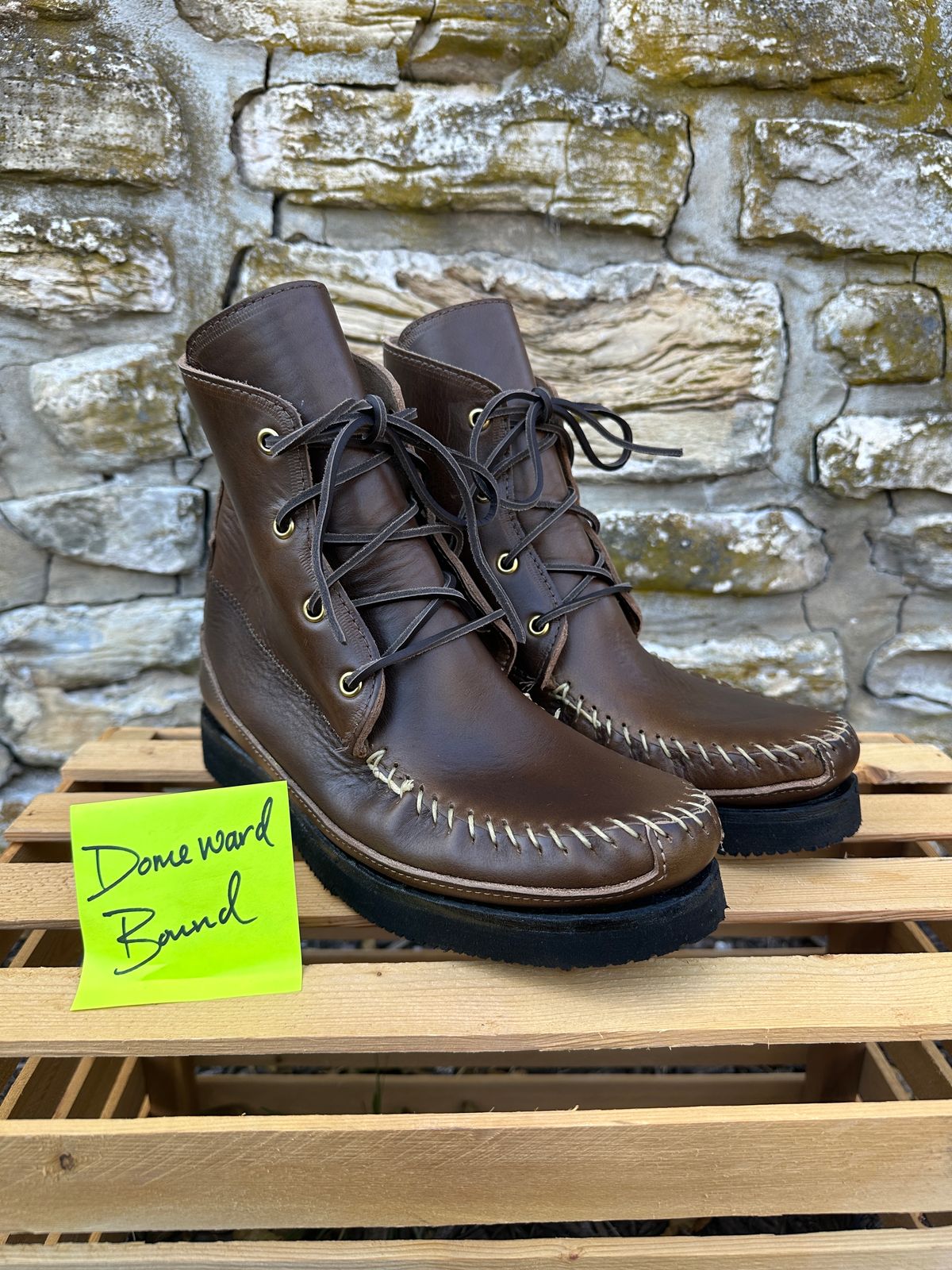 Photo by fcmocs on October 3, 2023 of the Fish Creek Moccasin Hardsole Boot in Horween Olive Chromexcel.