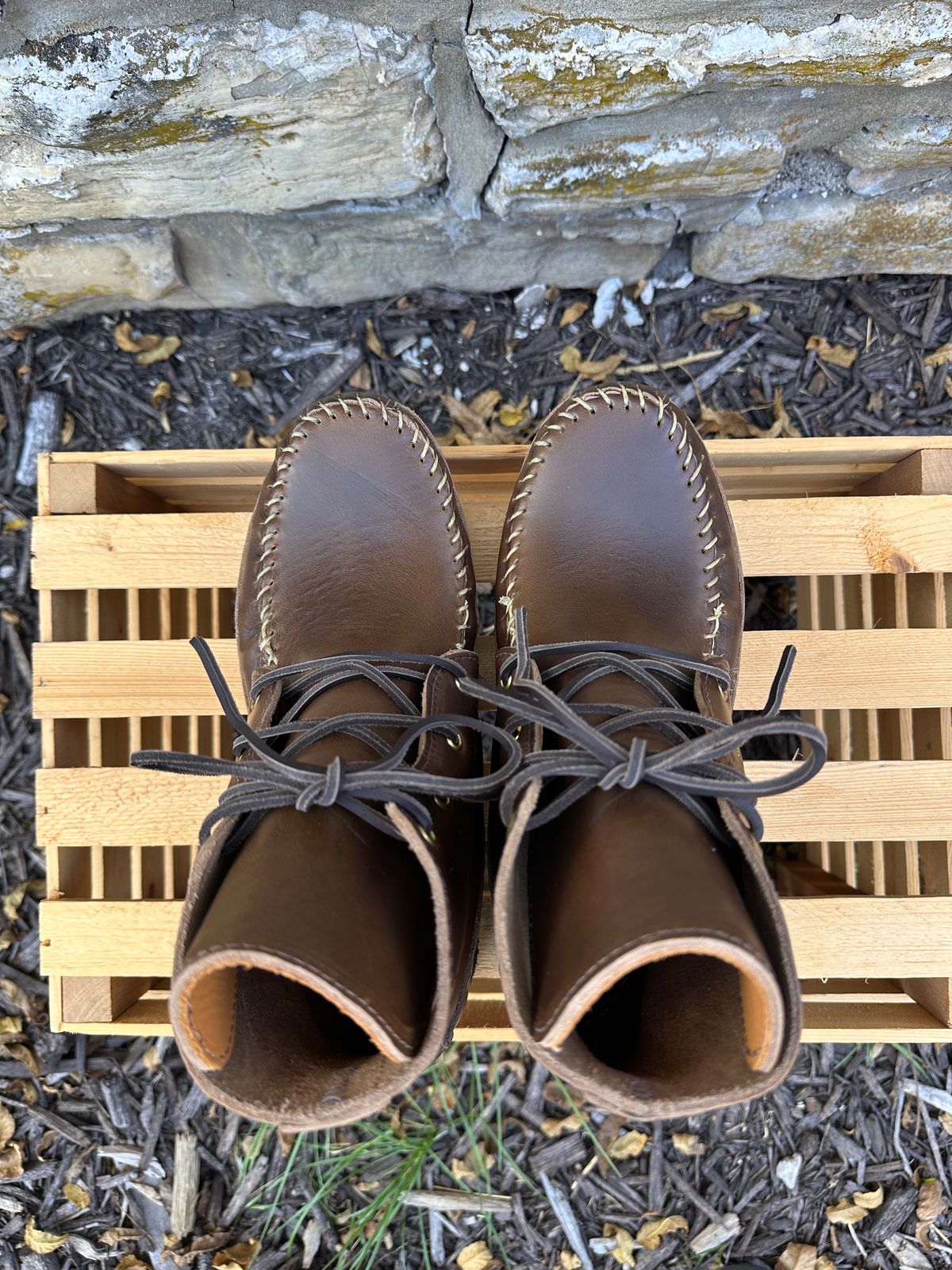 Photo by fcmocs on October 3, 2023 of the Fish Creek Moccasin Hardsole Boot in Horween Olive Chromexcel.