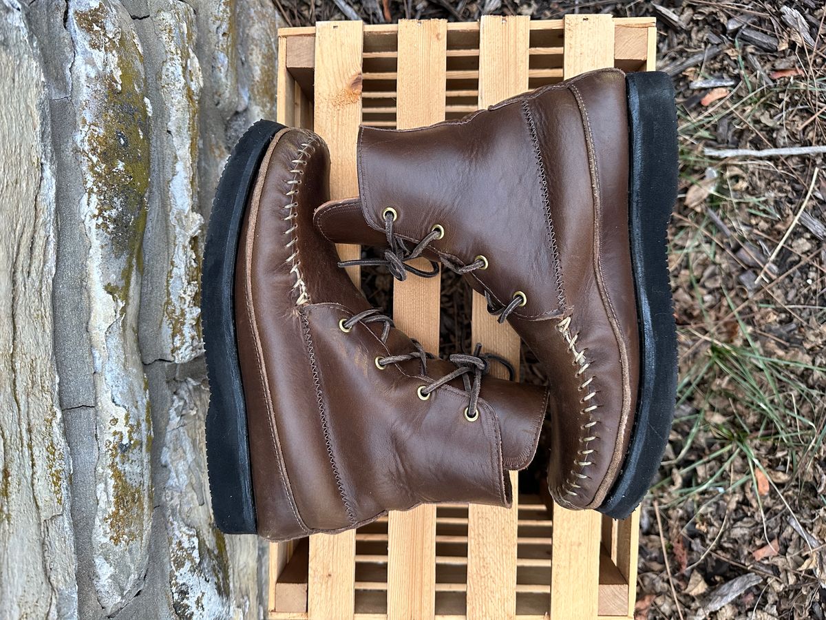 Photo by fcmocs on December 5, 2023 of the Fish Creek Moccasin Hardsole Boot in Horween Olive Chromexcel.