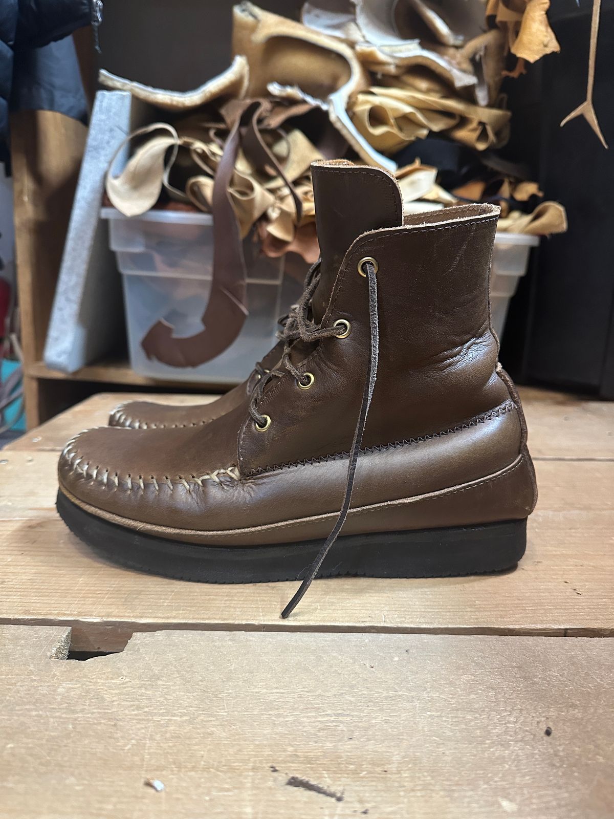 Photo by fcmocs on January 6, 2024 of the Fish Creek Moccasin Hardsole Boot in Horween Olive Chromexcel.