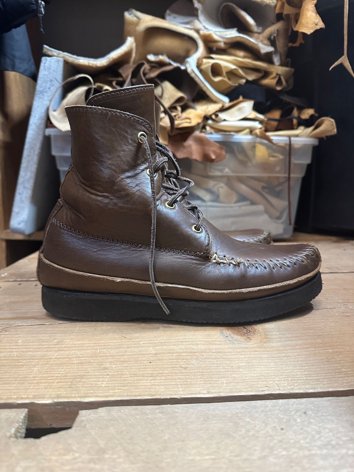 Photo by fcmocs on January 6, 2024 of the Fish Creek Moccasin Hardsole Boot in Horween Olive Chromexcel.