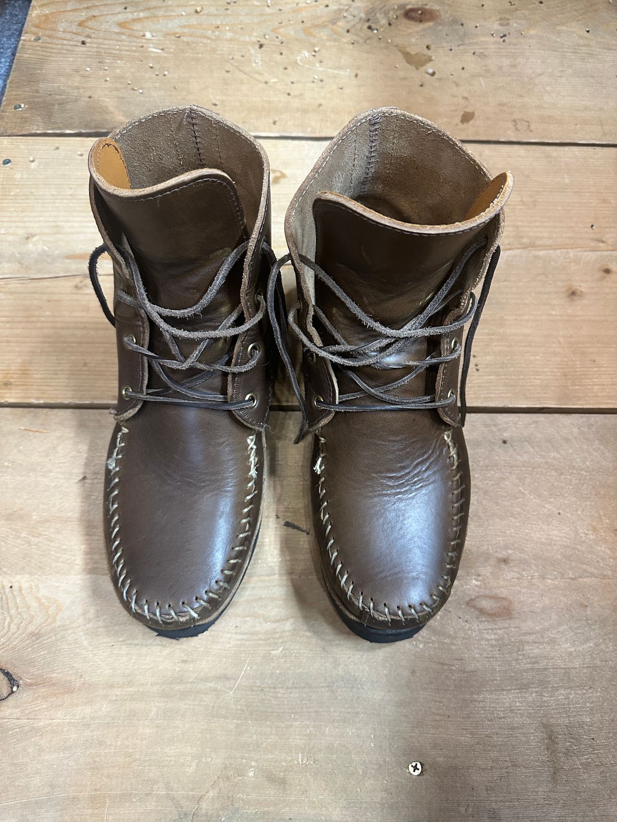 Photo by fcmocs on January 6, 2024 of the Fish Creek Moccasin Hardsole Boot in Horween Olive Chromexcel.