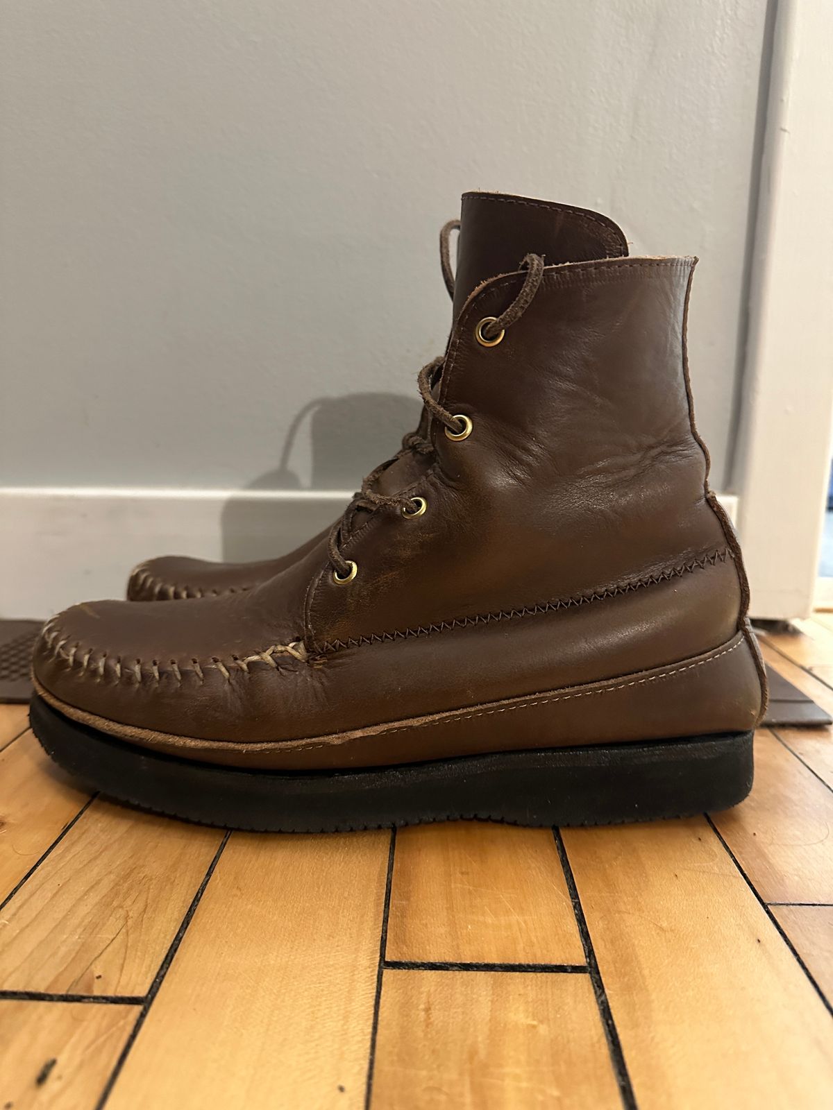 Photo by fcmocs on March 6, 2024 of the Fish Creek Moccasin Hardsole Boot in Horween Olive Chromexcel.