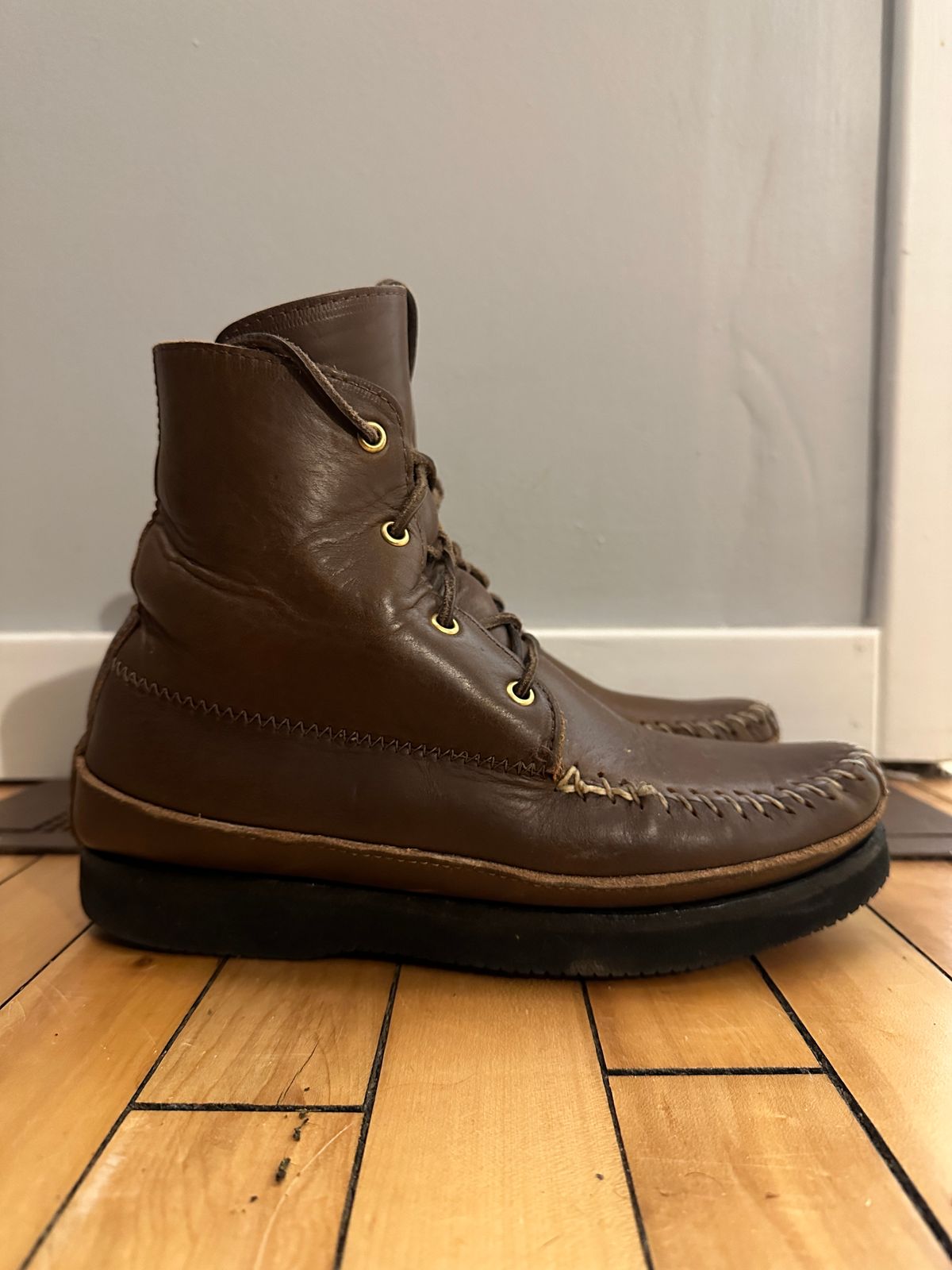 Photo by fcmocs on March 6, 2024 of the Fish Creek Moccasin Hardsole Boot in Horween Olive Chromexcel.