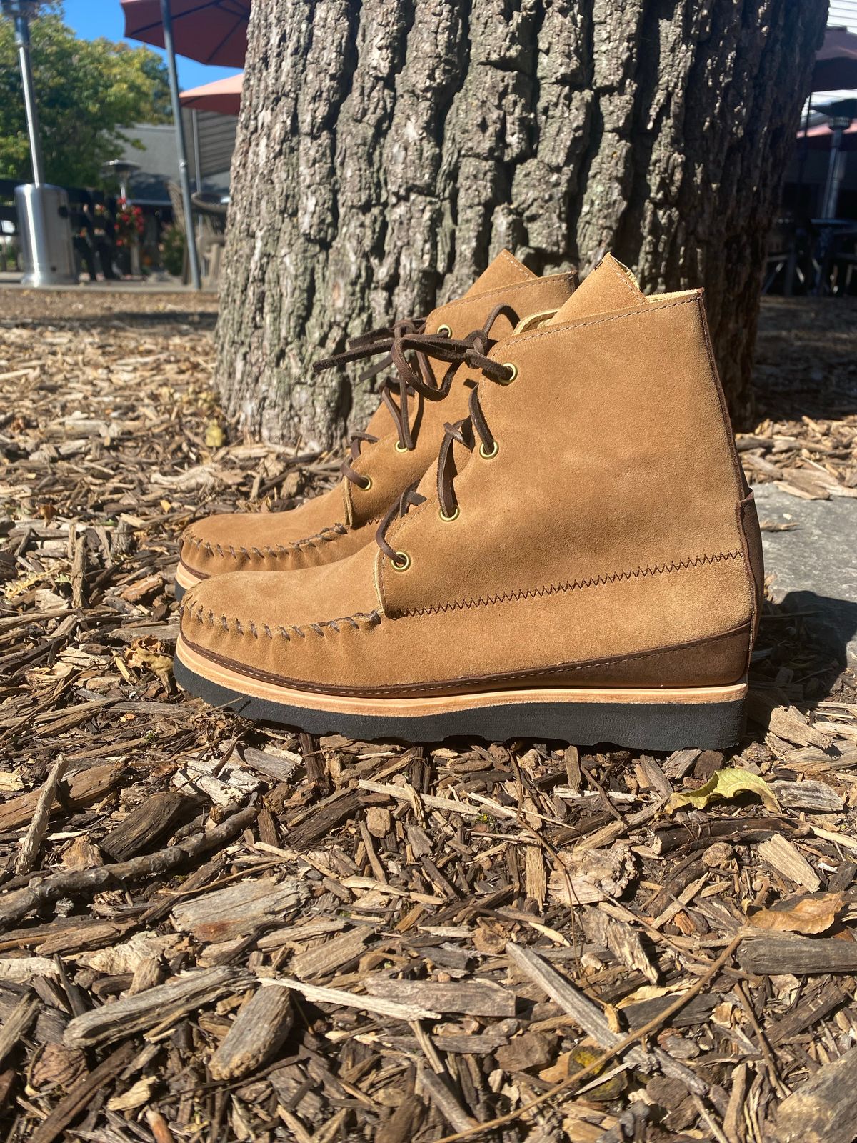 Photo by fcmocs on October 1, 2022 of the Fish Creek Moccasin Hardsole Boot in Khaki Suede.