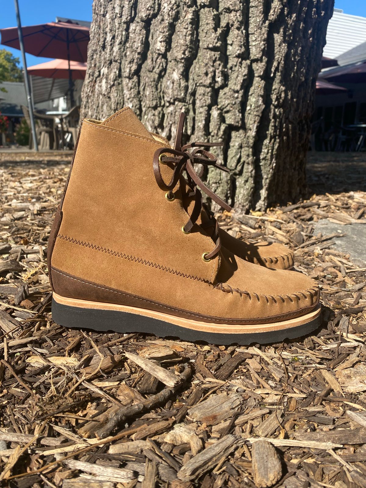 Photo by fcmocs on October 1, 2022 of the Fish Creek Moccasin Hardsole Boot in Khaki Suede.