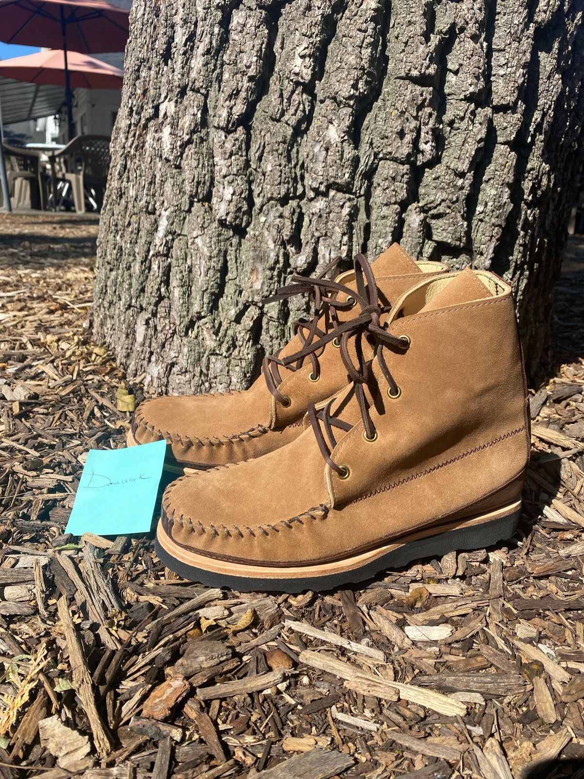 Photo by fcmocs on October 1, 2022 of the Fish Creek Moccasin Hardsole Boot in Khaki Suede.