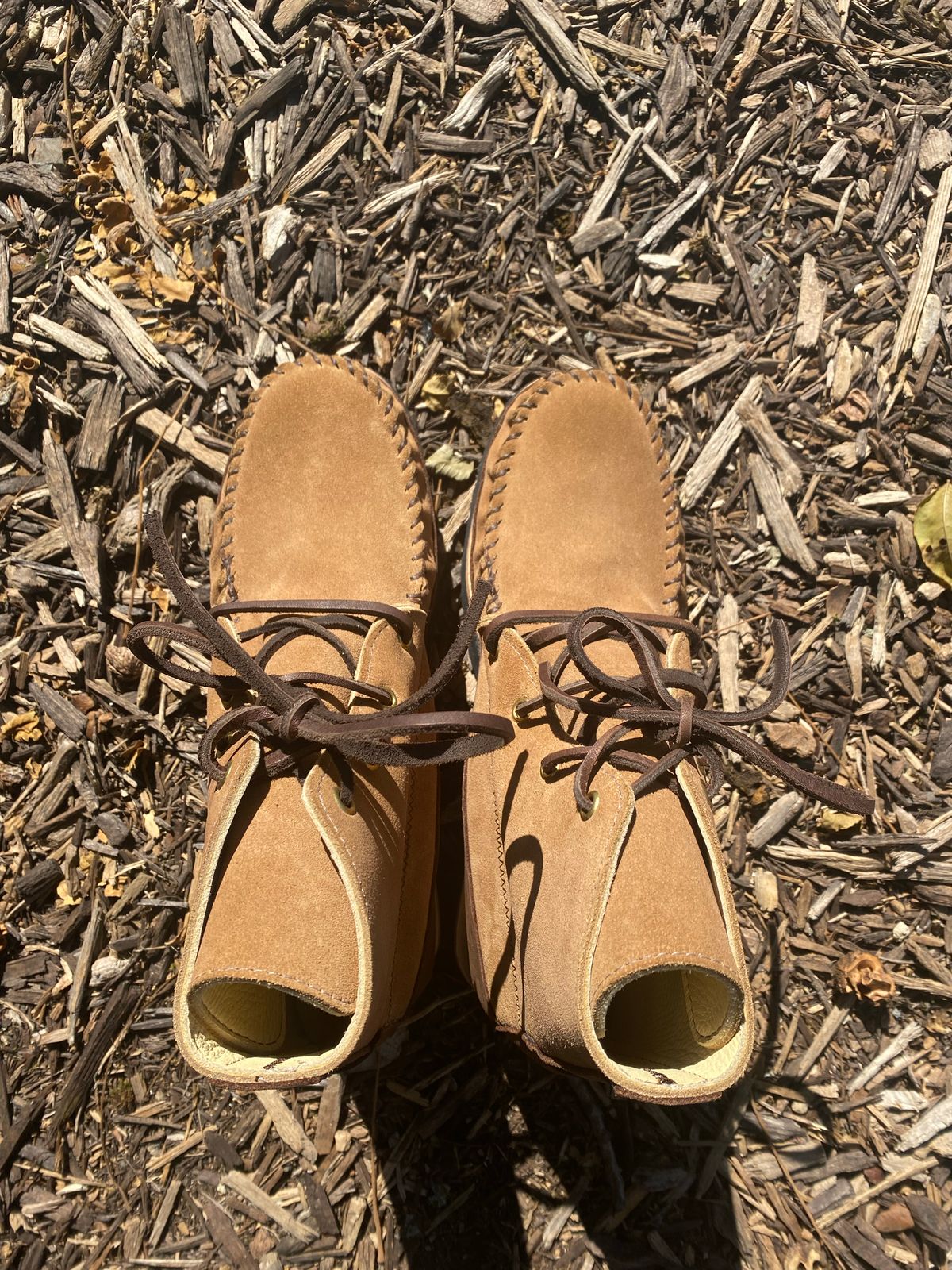 Photo by fcmocs on October 1, 2022 of the Fish Creek Moccasin Hardsole Boot in Khaki Suede.