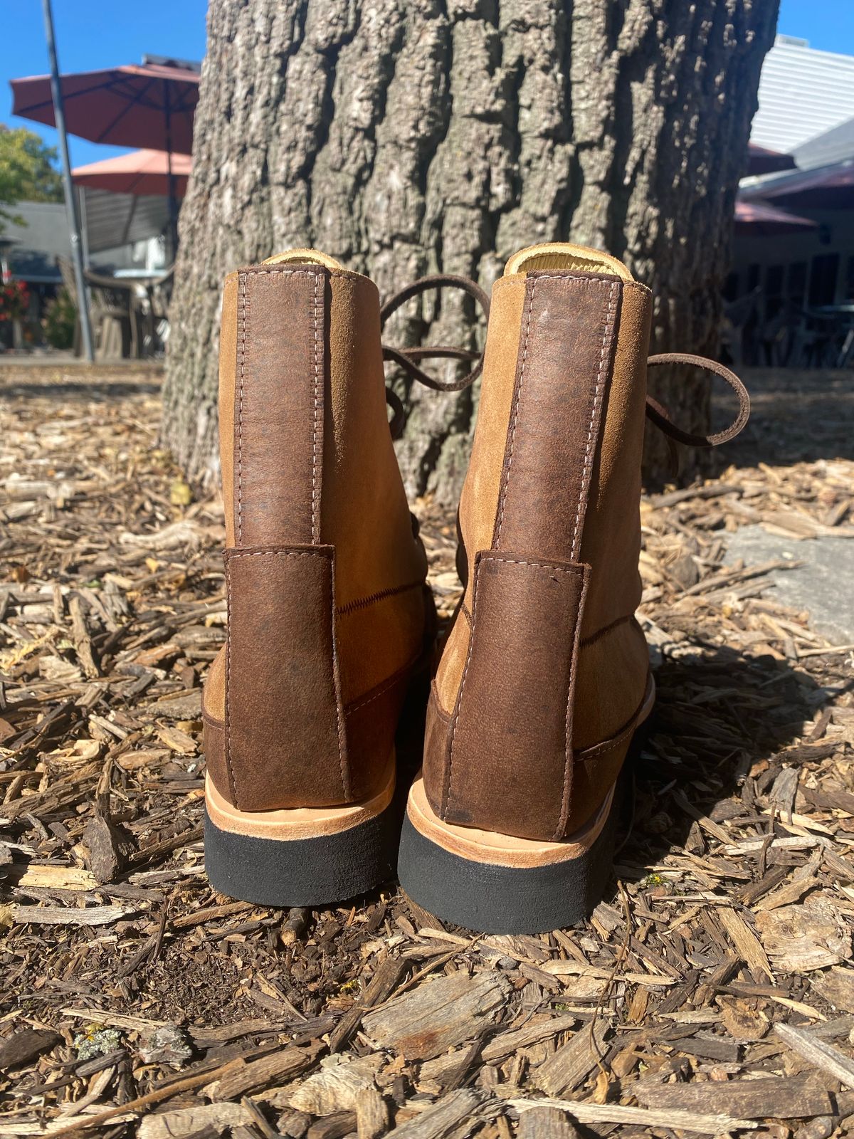 Photo by fcmocs on October 1, 2022 of the Fish Creek Moccasin Hardsole Boot in Khaki Suede.