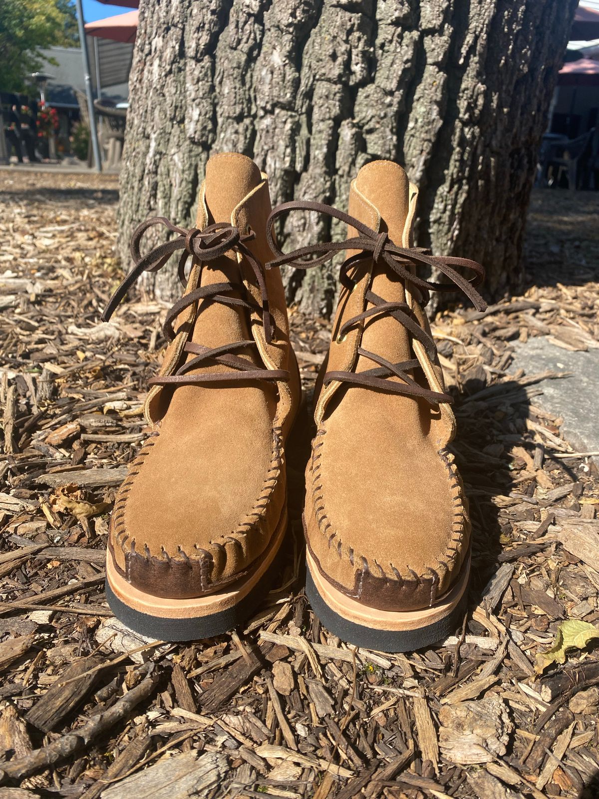 Photo by fcmocs on October 1, 2022 of the Fish Creek Moccasin Hardsole Boot in Khaki Suede.