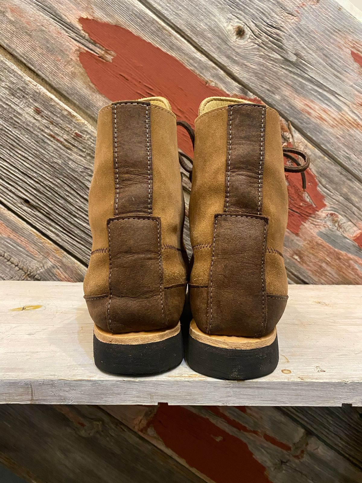 Photo by fcmocs on November 4, 2022 of the Fish Creek Moccasin Hardsole Boot in Khaki Suede.