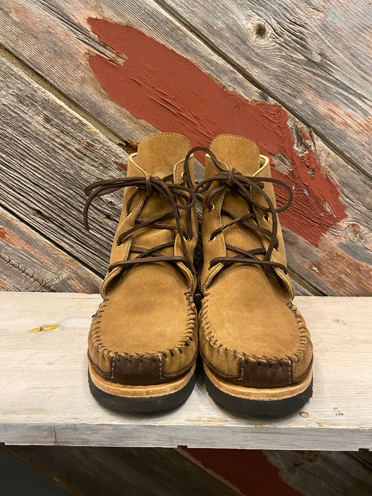 Photo by fcmocs on November 4, 2022 of the Fish Creek Moccasin Hardsole Boot in Khaki Suede.