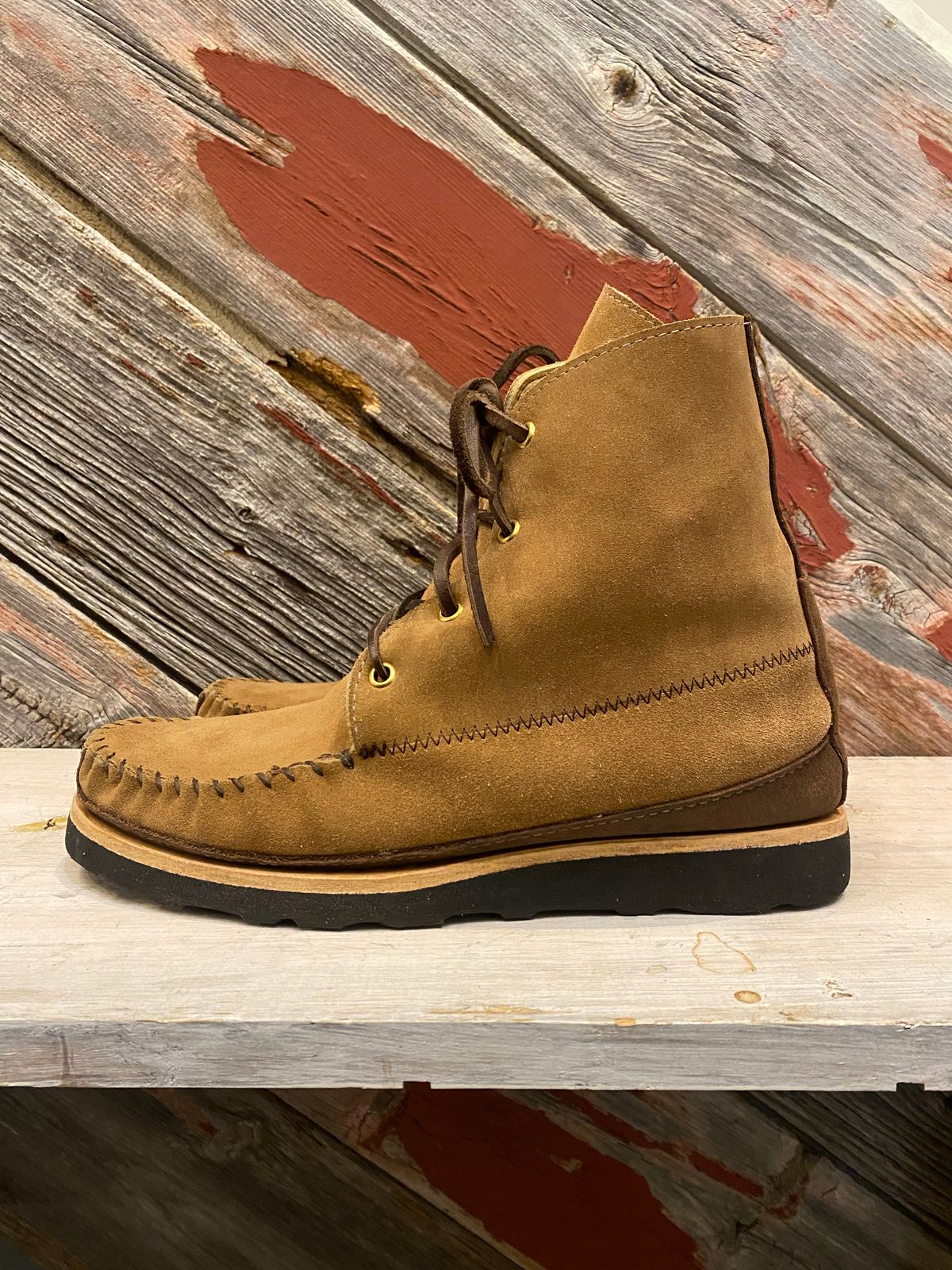 Photo by fcmocs on November 4, 2022 of the Fish Creek Moccasin Hardsole Boot in Khaki Suede.