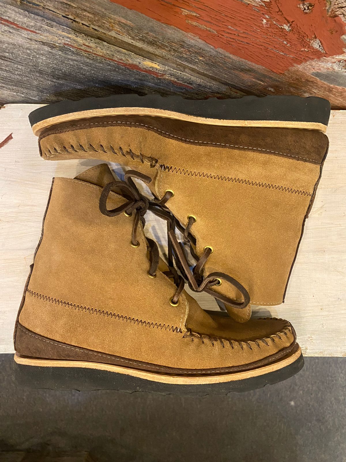Photo by fcmocs on November 4, 2022 of the Fish Creek Moccasin Hardsole Boot in Khaki Suede.