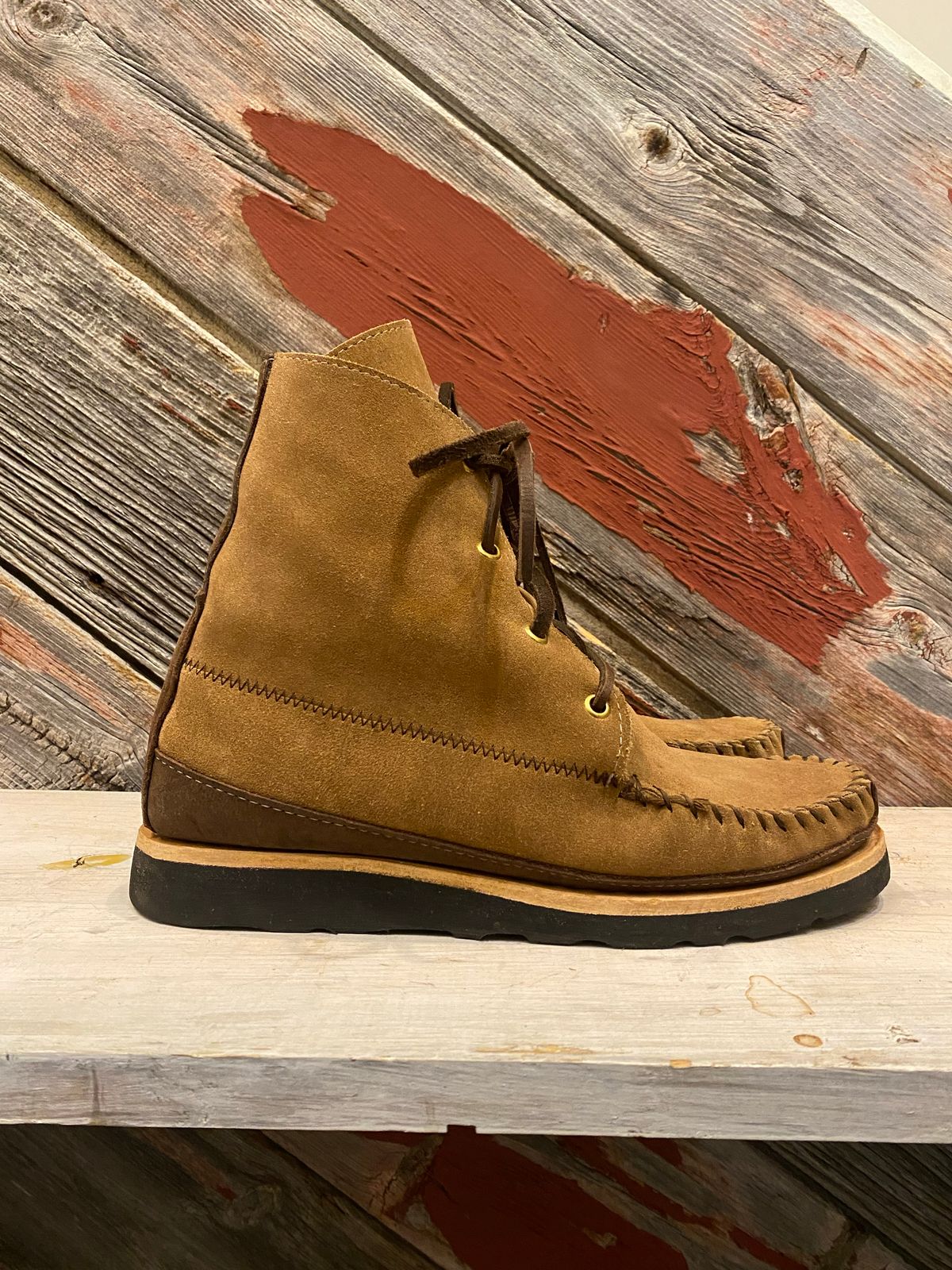 Photo by fcmocs on November 4, 2022 of the Fish Creek Moccasin Hardsole Boot in Khaki Suede.