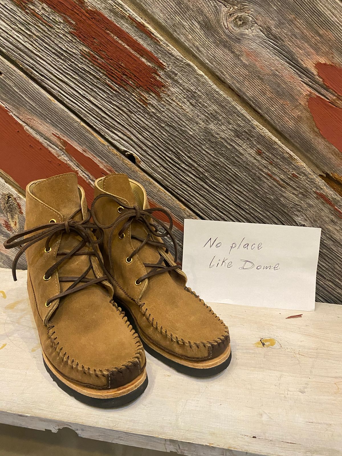 Photo by fcmocs on November 4, 2022 of the Fish Creek Moccasin Hardsole Boot in Khaki Suede.