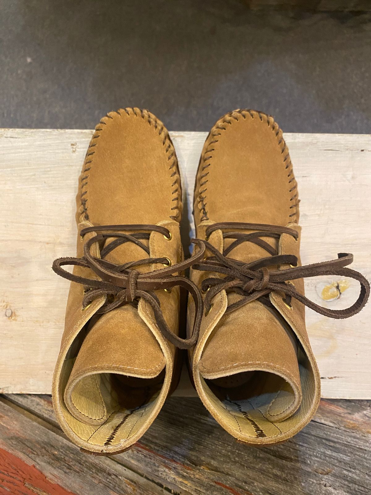 Photo by fcmocs on November 4, 2022 of the Fish Creek Moccasin Hardsole Boot in Khaki Suede.