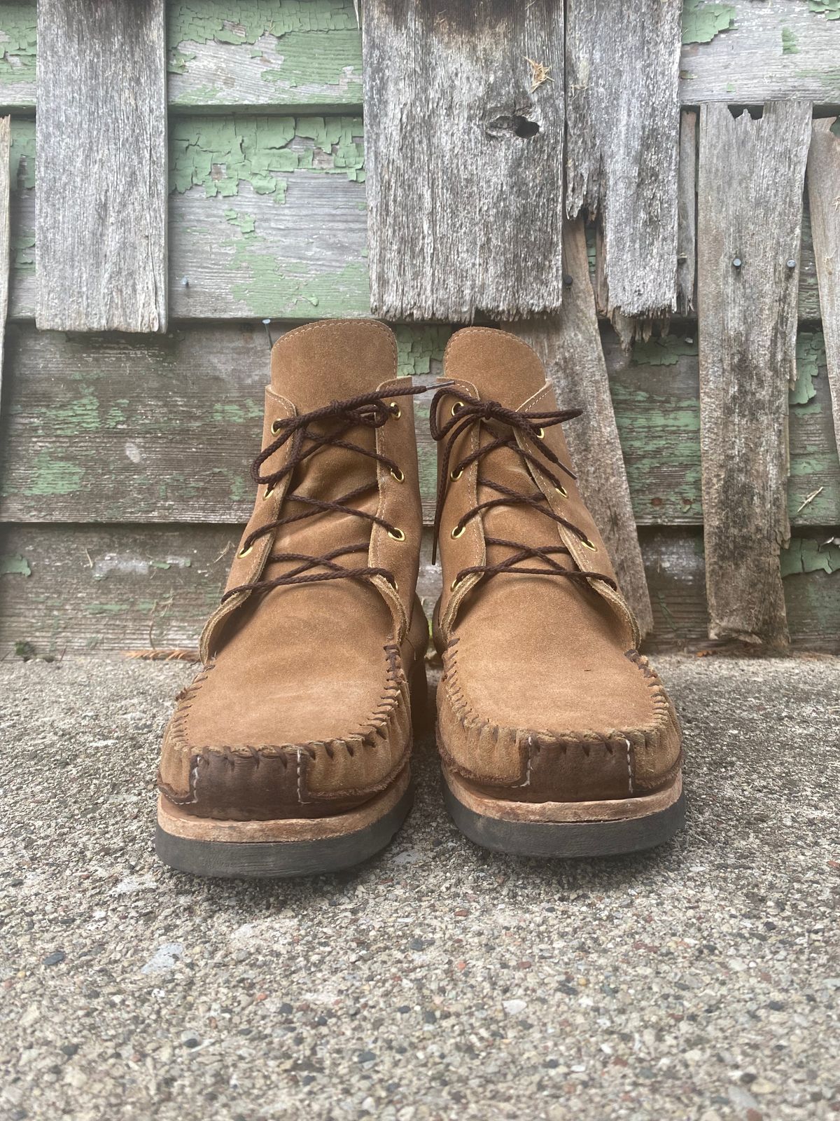 Photo by fcmocs on December 5, 2022 of the Fish Creek Moccasin Hardsole Boot in Khaki Suede.