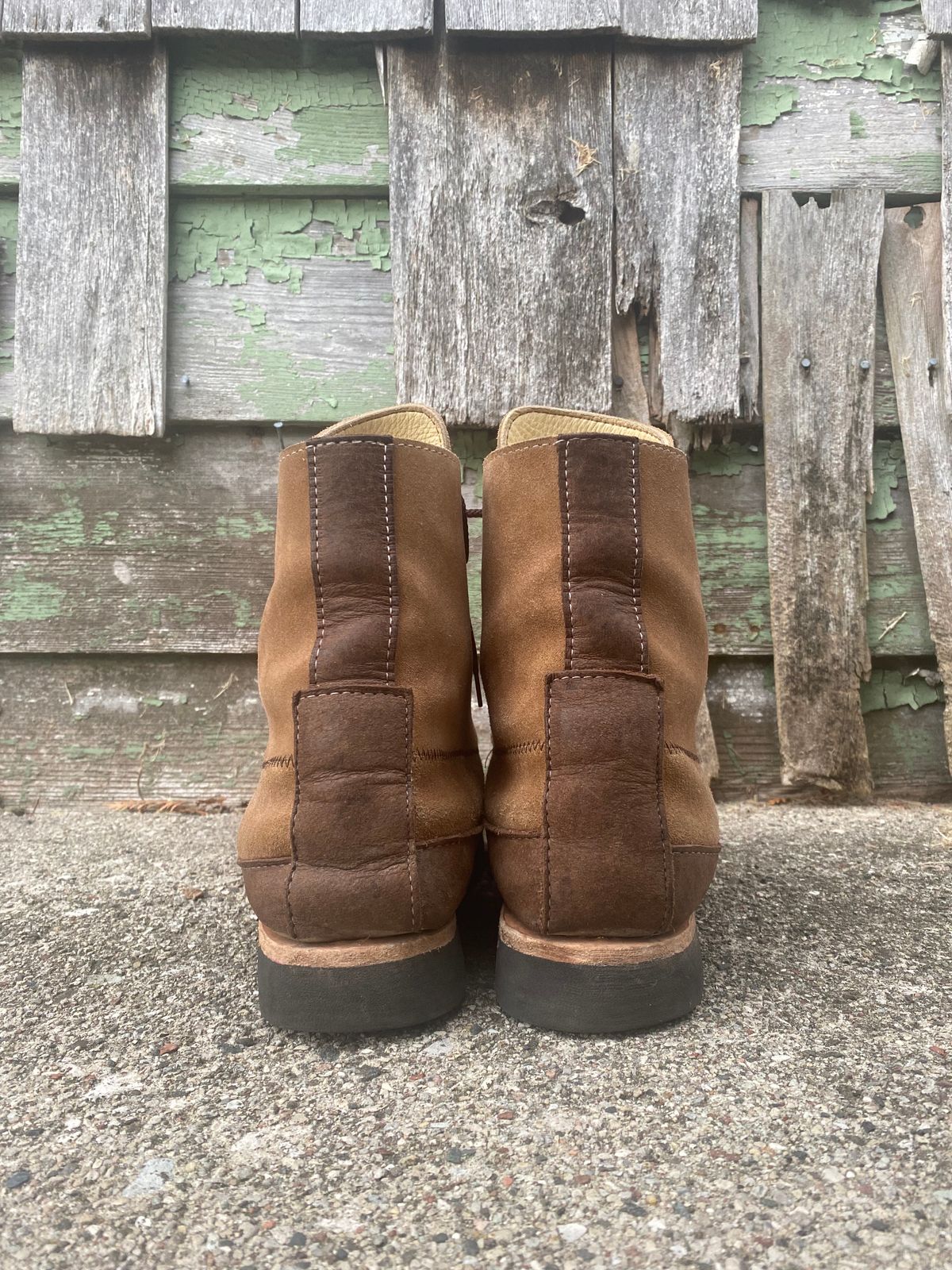 Photo by fcmocs on December 5, 2022 of the Fish Creek Moccasin Hardsole Boot in Khaki Suede.