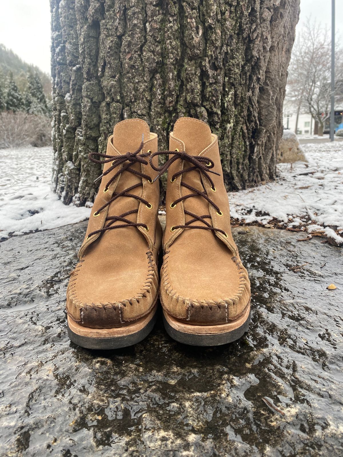 Photo by fcmocs on January 5, 2023 of the Fish Creek Moccasin Hardsole Boot in Khaki Suede.