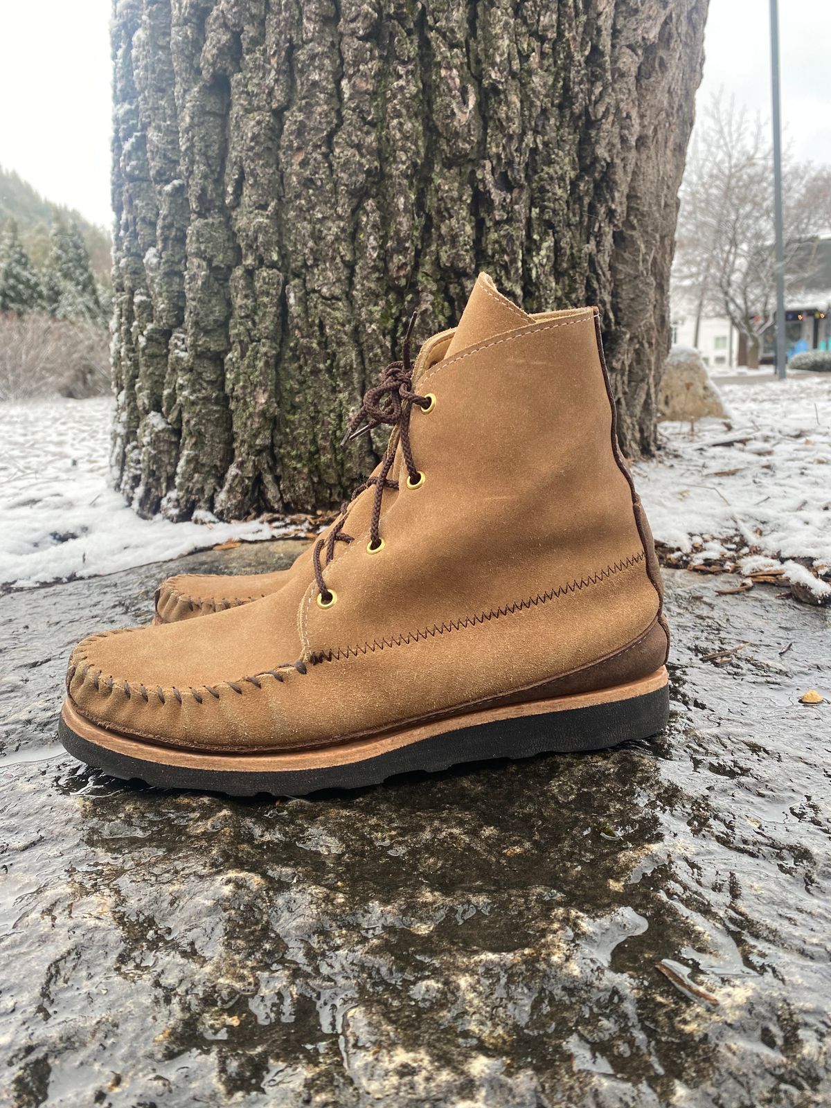 Photo by fcmocs on January 5, 2023 of the Fish Creek Moccasin Hardsole Boot in Khaki Suede.