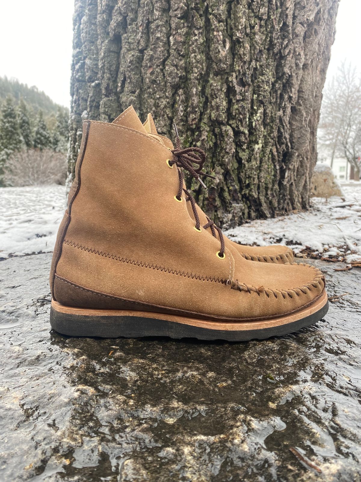 Photo by fcmocs on January 5, 2023 of the Fish Creek Moccasin Hardsole Boot in Khaki Suede.
