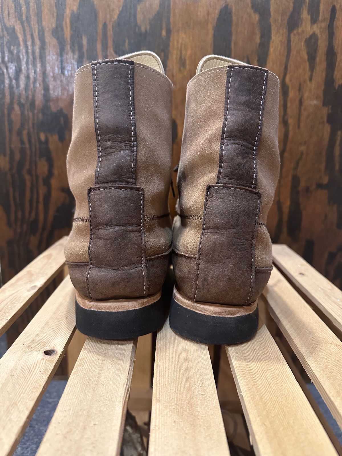 Photo by fcmocs on February 5, 2023 of the Fish Creek Moccasin Hardsole Boot in Khaki Suede.
