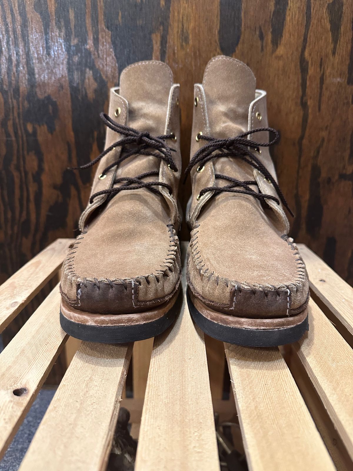 Photo by fcmocs on February 5, 2023 of the Fish Creek Moccasin Hardsole Boot in Khaki Suede.