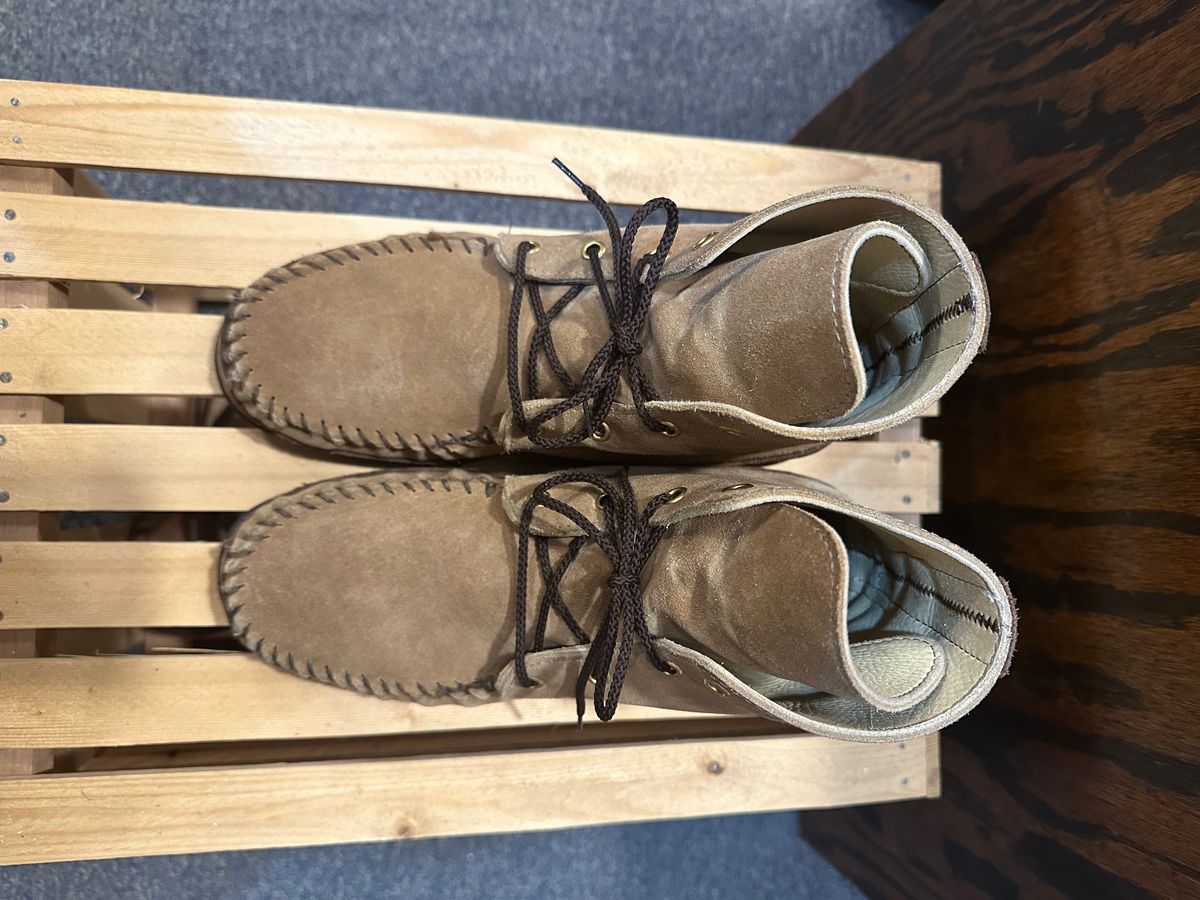 Photo by fcmocs on February 5, 2023 of the Fish Creek Moccasin Hardsole Boot in Khaki Suede.