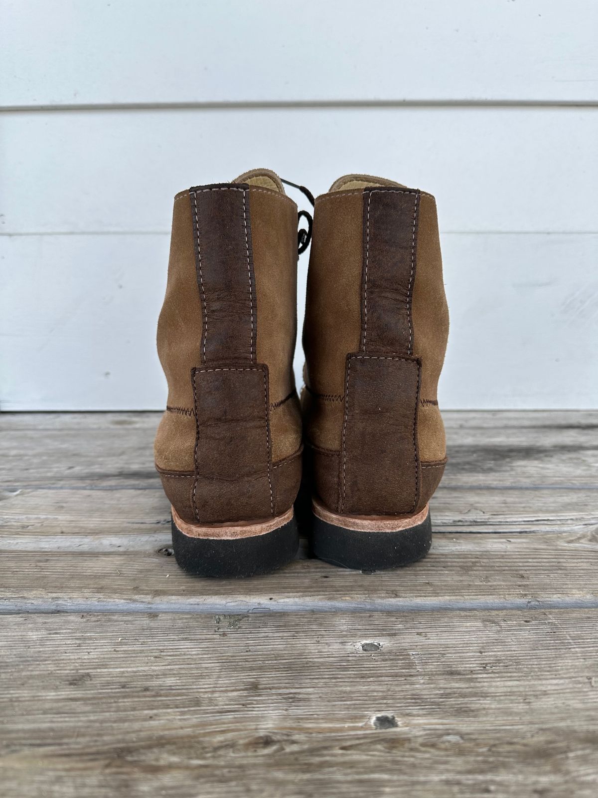 Photo by fcmocs on March 5, 2023 of the Fish Creek Moccasin Hardsole Boot in Khaki Suede.