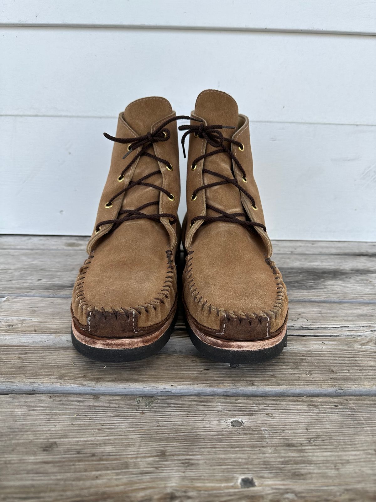 Photo by fcmocs on March 5, 2023 of the Fish Creek Moccasin Hardsole Boot in Khaki Suede.