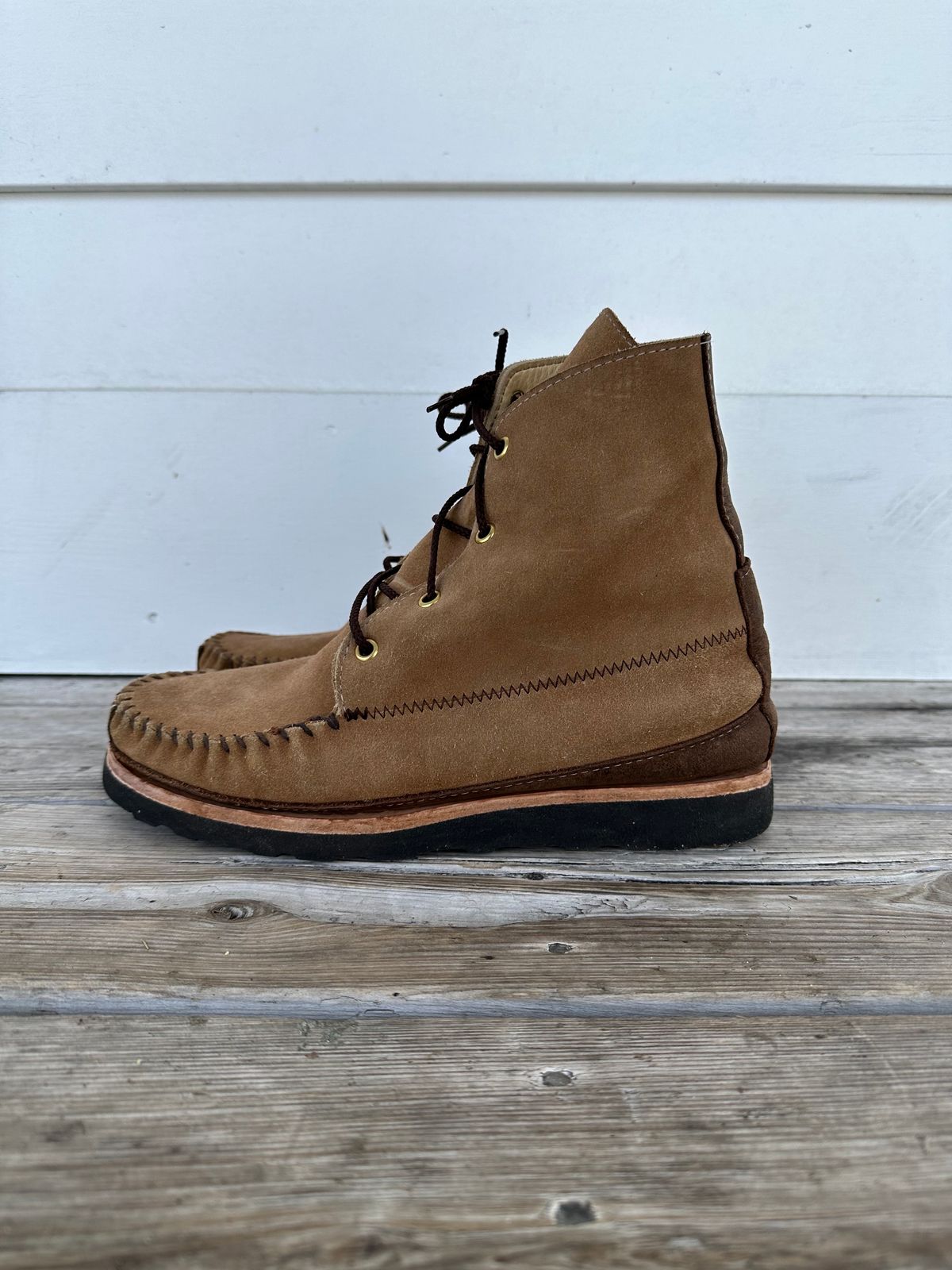 Photo by fcmocs on March 5, 2023 of the Fish Creek Moccasin Hardsole Boot in Khaki Suede.