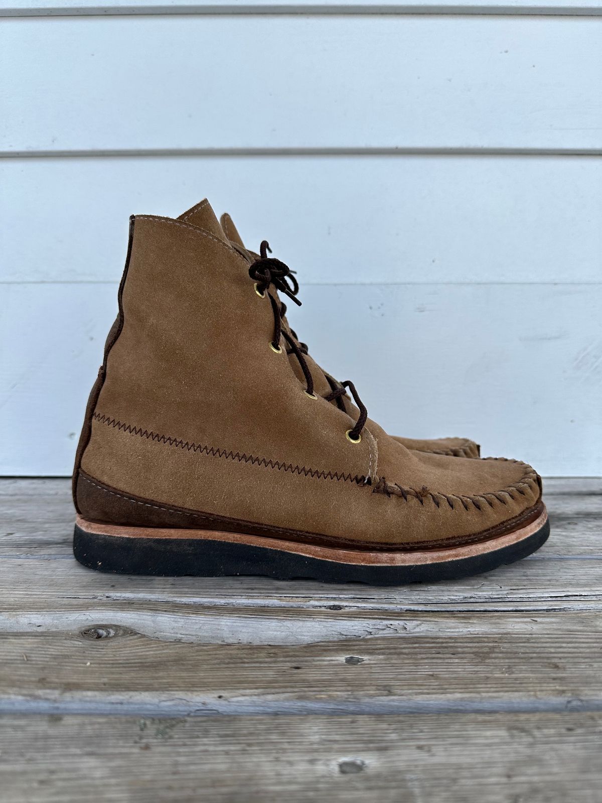 Photo by fcmocs on March 5, 2023 of the Fish Creek Moccasin Hardsole Boot in Khaki Suede.