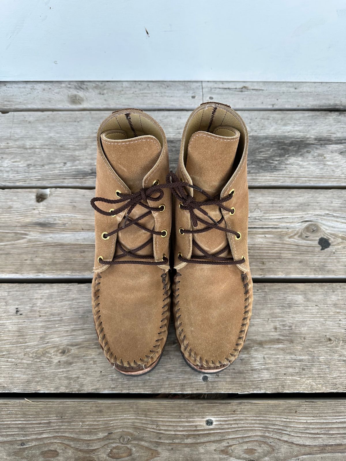 Photo by fcmocs on March 5, 2023 of the Fish Creek Moccasin Hardsole Boot in Khaki Suede.