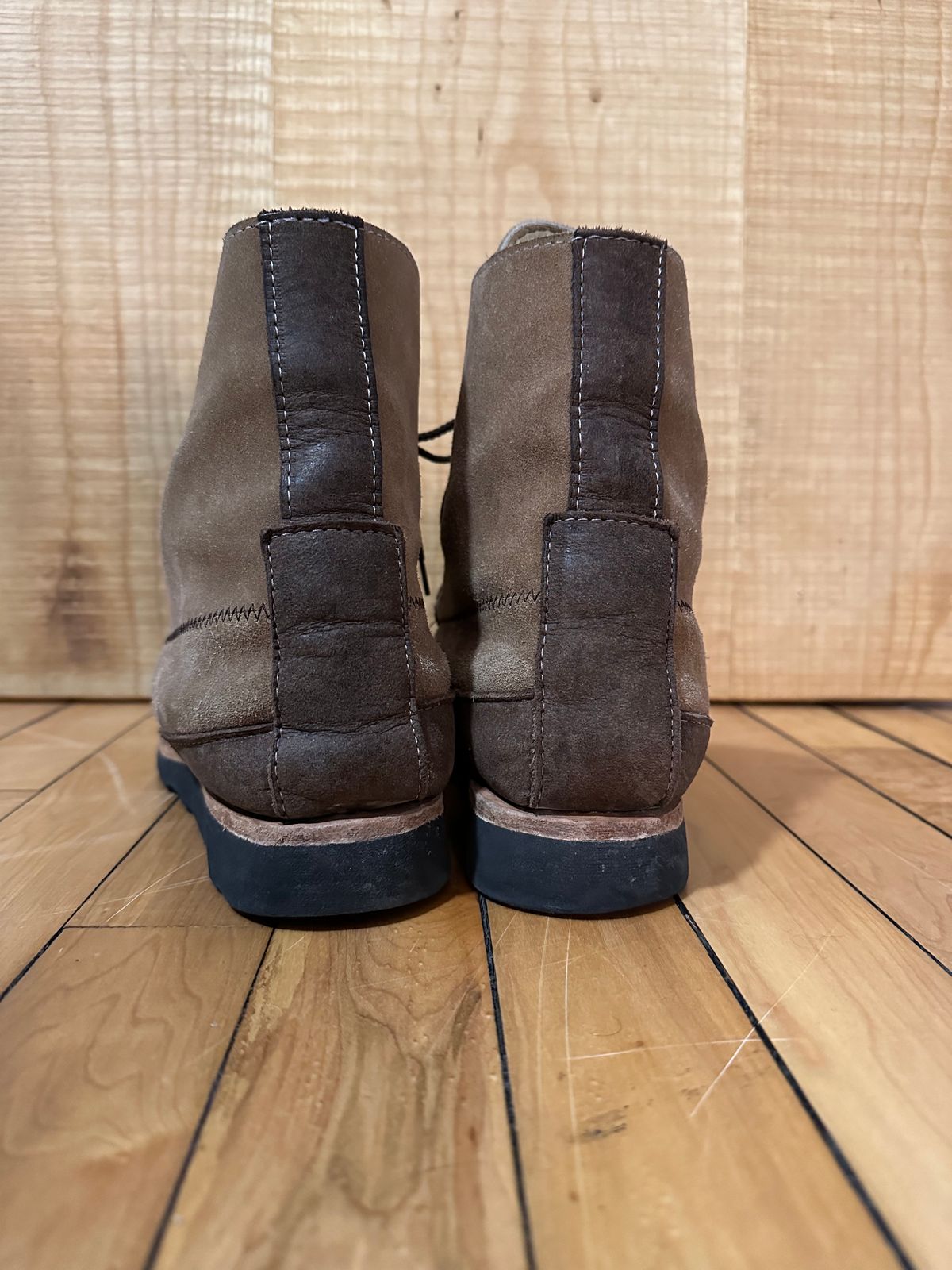 Photo by fcmocs on April 6, 2023 of the Fish Creek Moccasin Hardsole Boot in Khaki Suede.